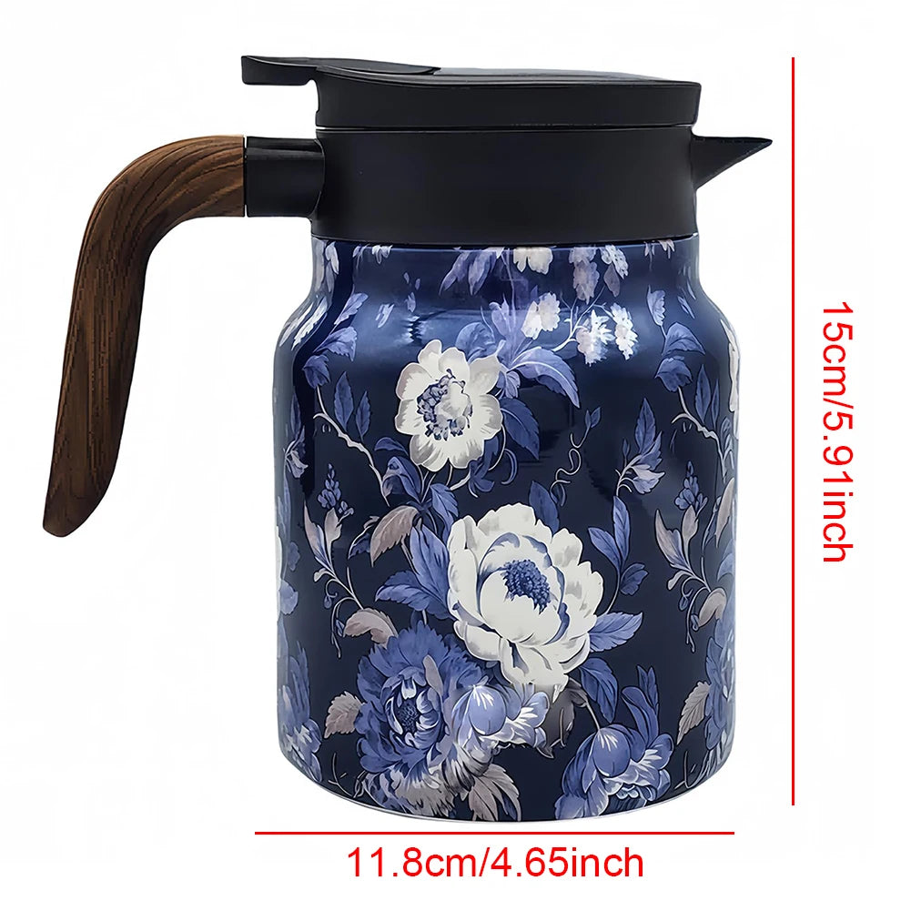 Vintage Floral Tea Thermos – 1000ml Stainless Steel Kettle with Built-In Infuser