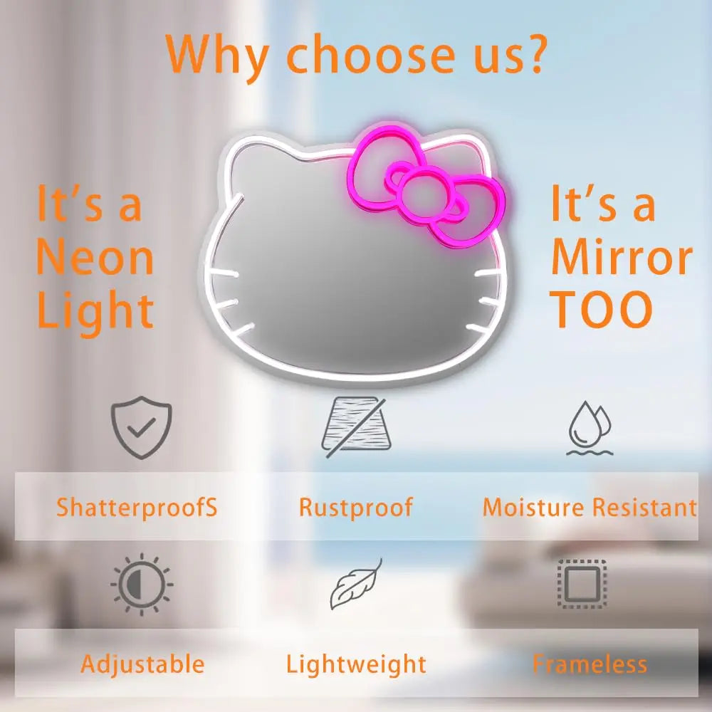 Hello Kitty Mirror Neon Sign – Cute Glowing Wall Decor for Bedroom & Game Rooms