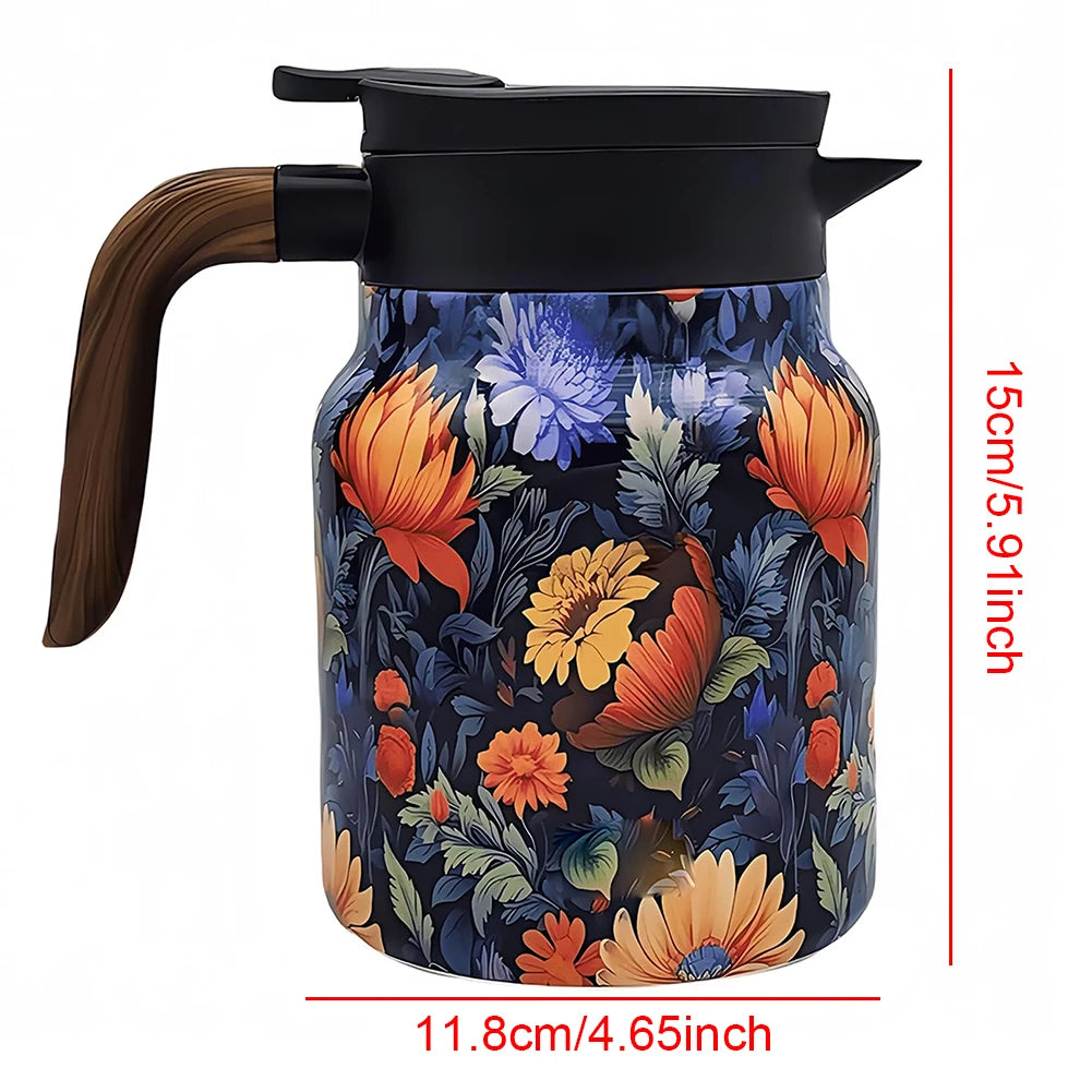 Vintage Floral Tea Thermos – 1000ml Stainless Steel Kettle with Built-In Infuser