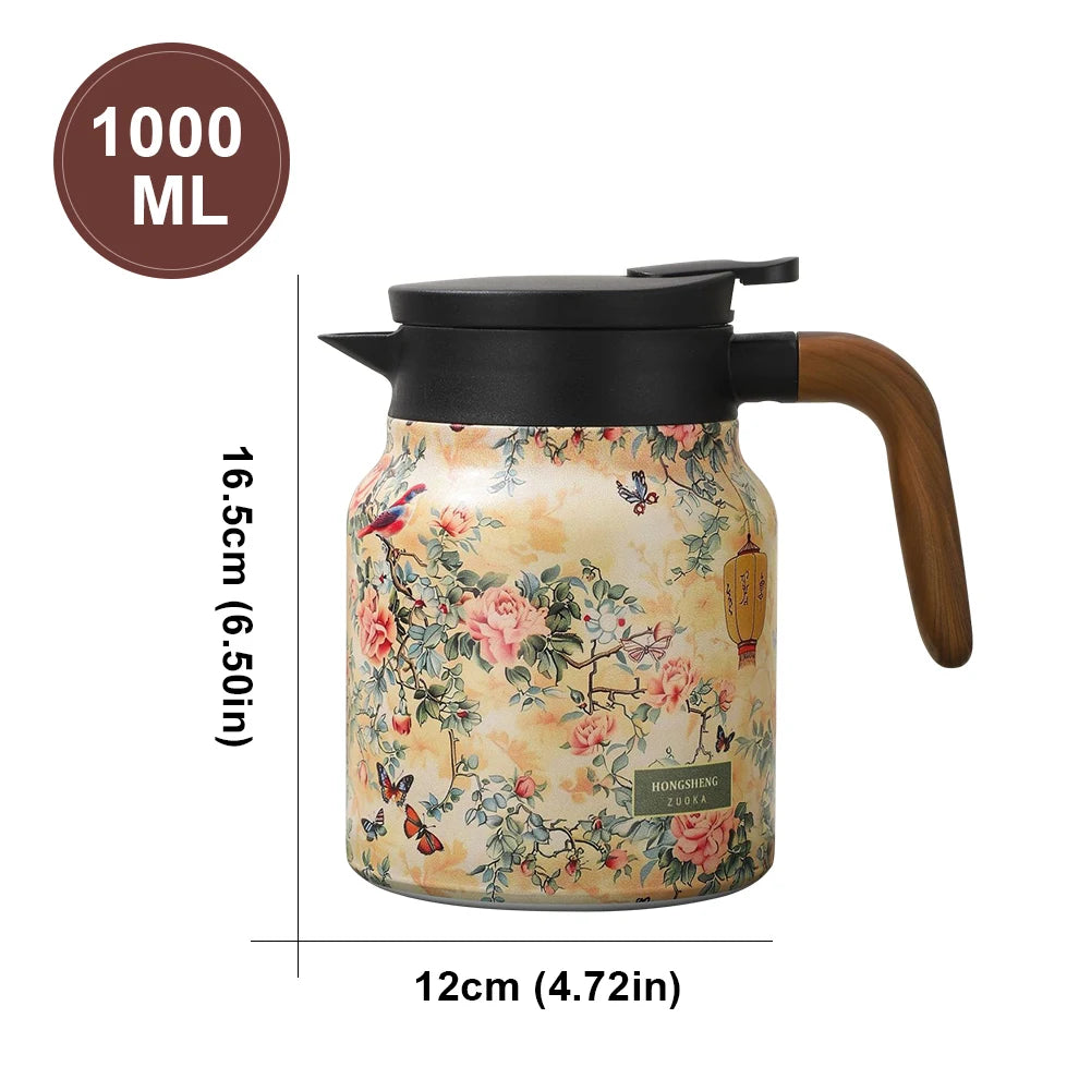 Vintage Floral Tea Thermos – 1000ml Stainless Steel Kettle with Built-In Infuser