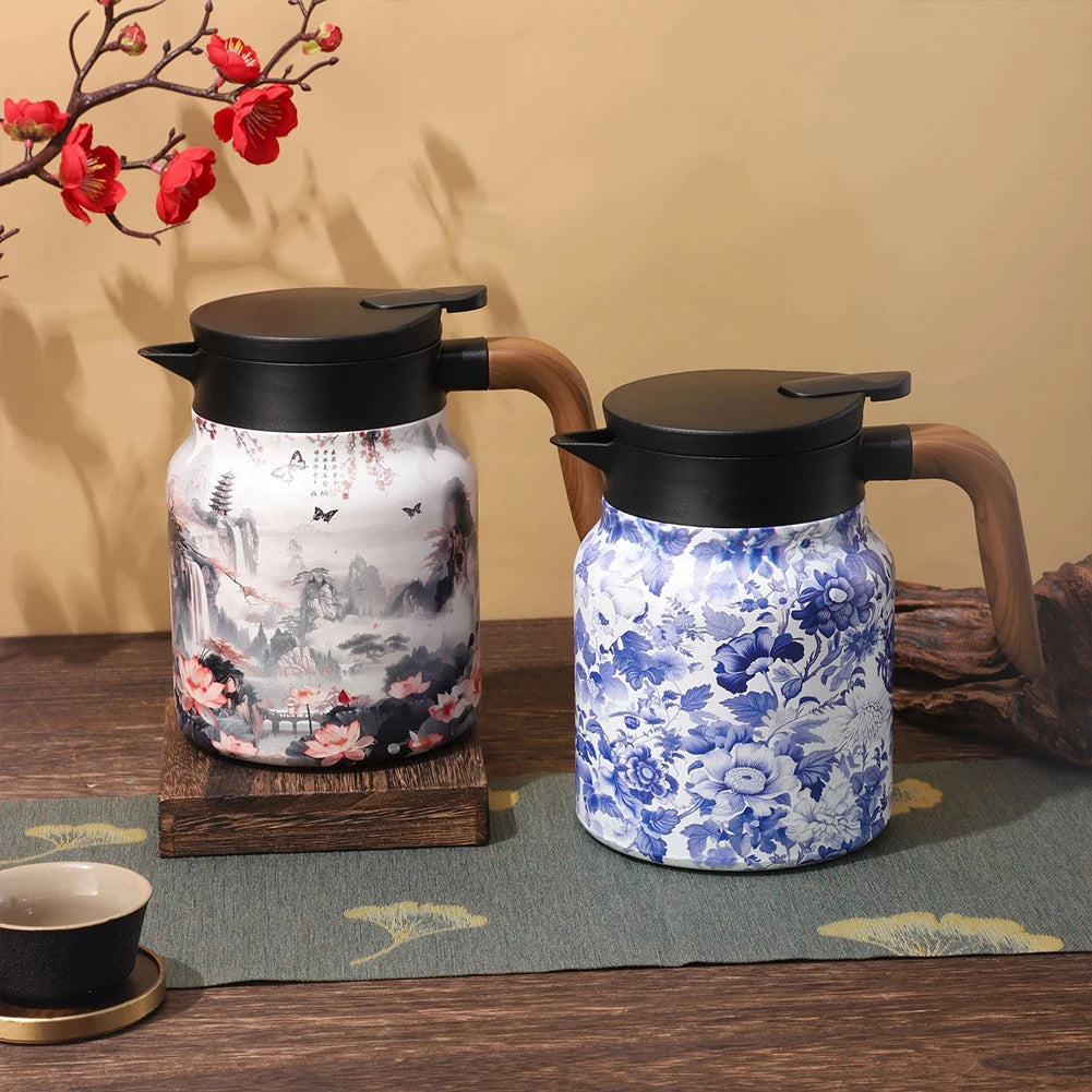 Vintage Floral Tea Thermos – 1000ml Stainless Steel Kettle with Built-In Infuser