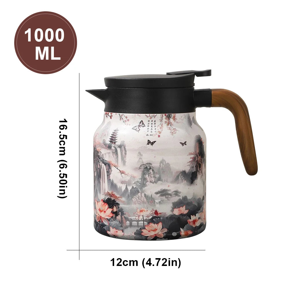 Vintage Floral Tea Thermos – 1000ml Stainless Steel Kettle with Built-In Infuser