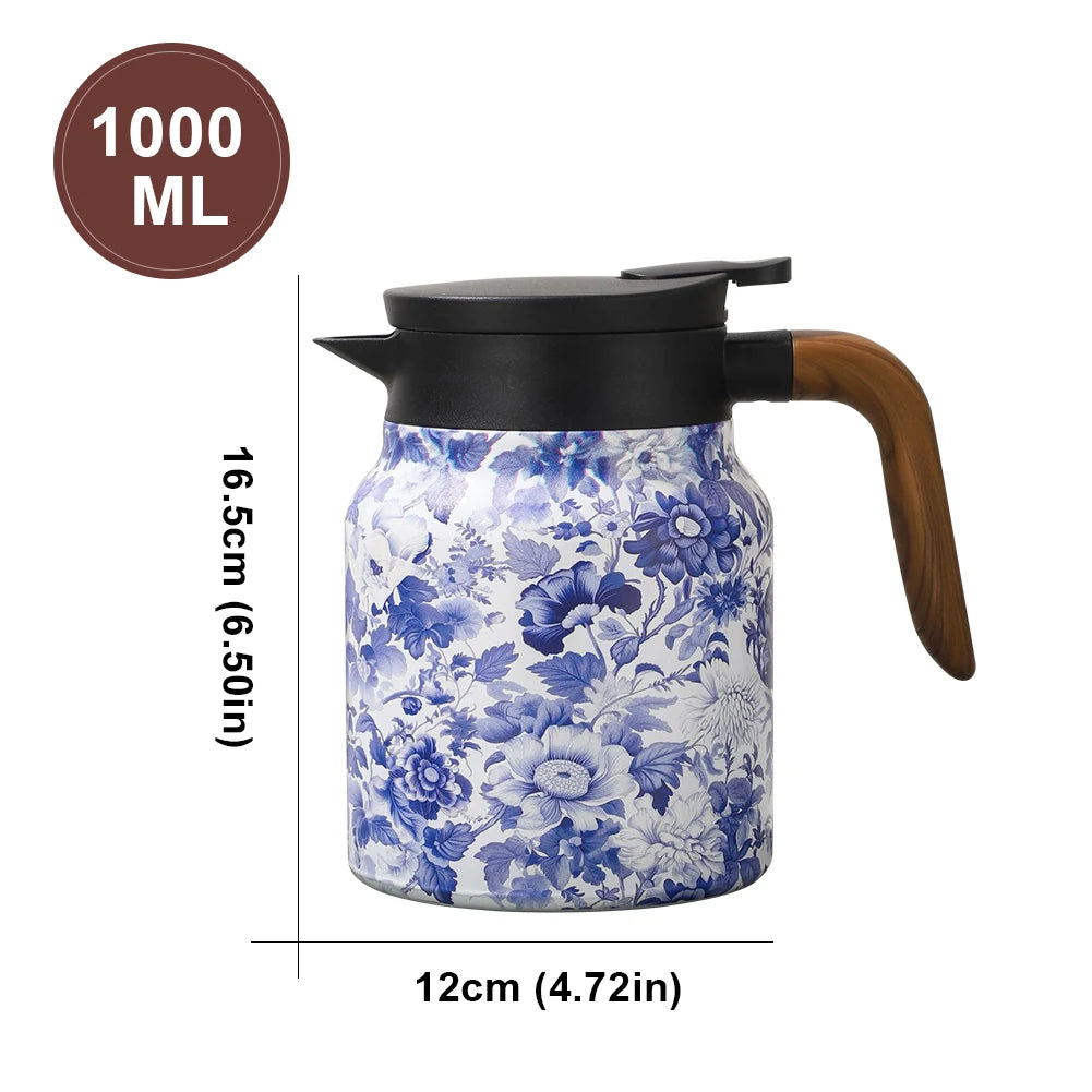 Vintage Floral Tea Thermos – 1000ml Stainless Steel Kettle with Built-In Infuser