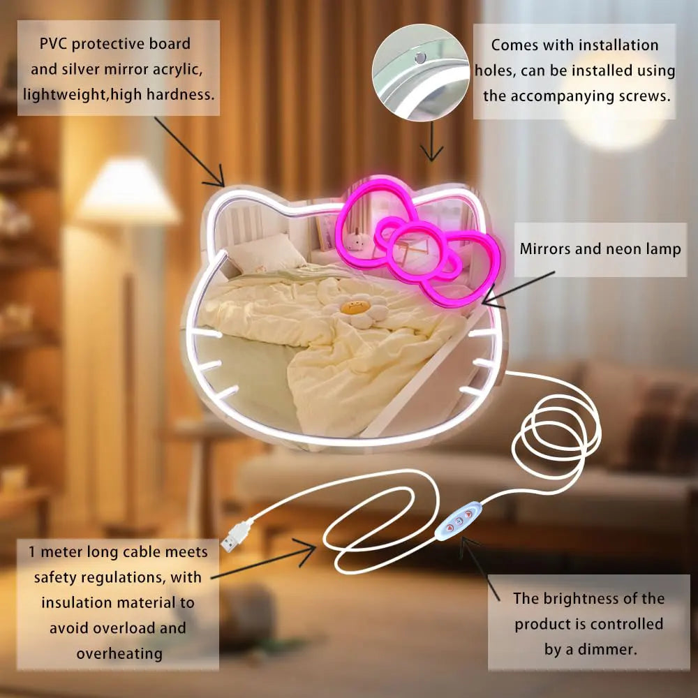 Hello Kitty Mirror Neon Sign – Cute Glowing Wall Decor for Bedroom & Game Rooms