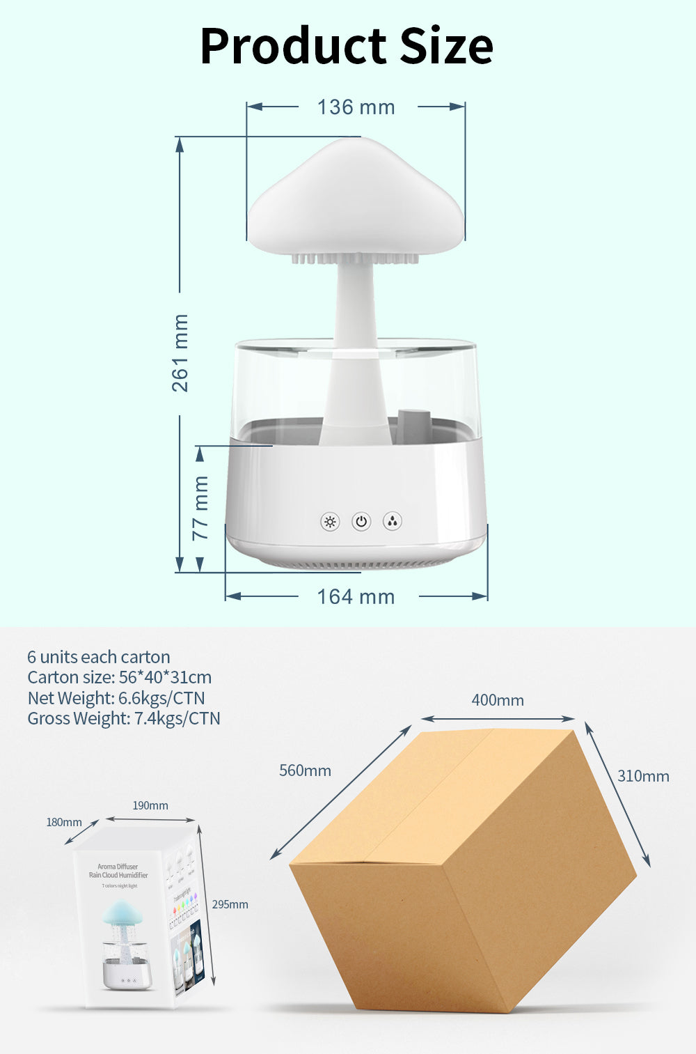 Mushroom Rain Cloud Humidifier – 400ml Ultrasonic Humidifier with 7-Color LED Mood Light