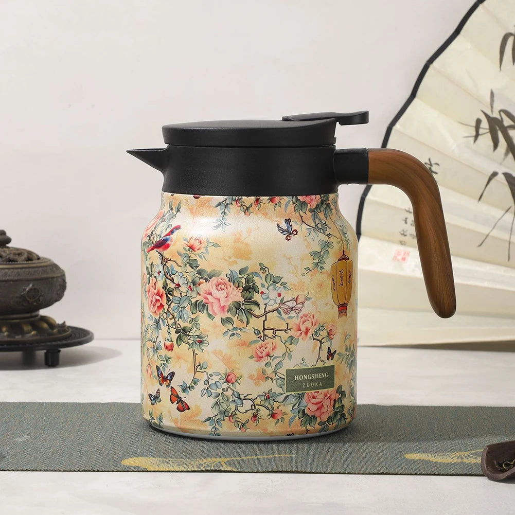 Vintage Floral Tea Thermos – 1000ml Stainless Steel Kettle with Built-In Infuser