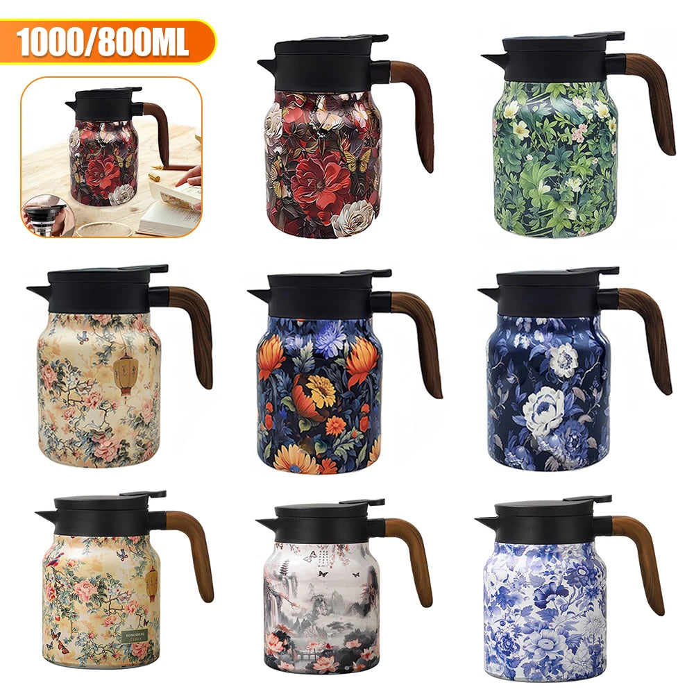 Vintage Floral Tea Thermos – 1000ml Stainless Steel Kettle with Built-In Infuser