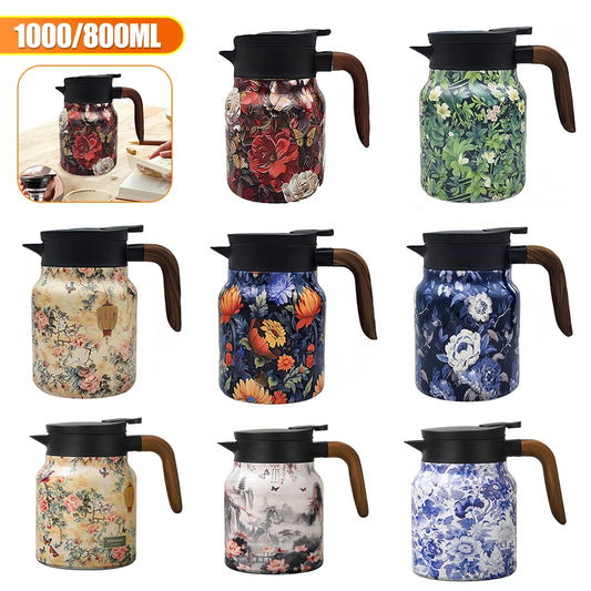 Vintage Floral Tea Thermos – 1000ml Stainless Steel Kettle with Built-In Infuser
