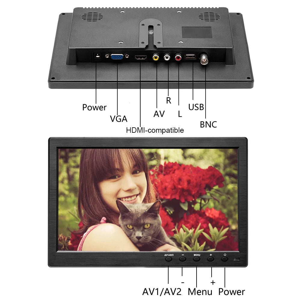 10.1" LCD HD Monitor Mini TV & Computer Display Color Screen 2 Channel Video Input Security Monitor with Speaker VGA