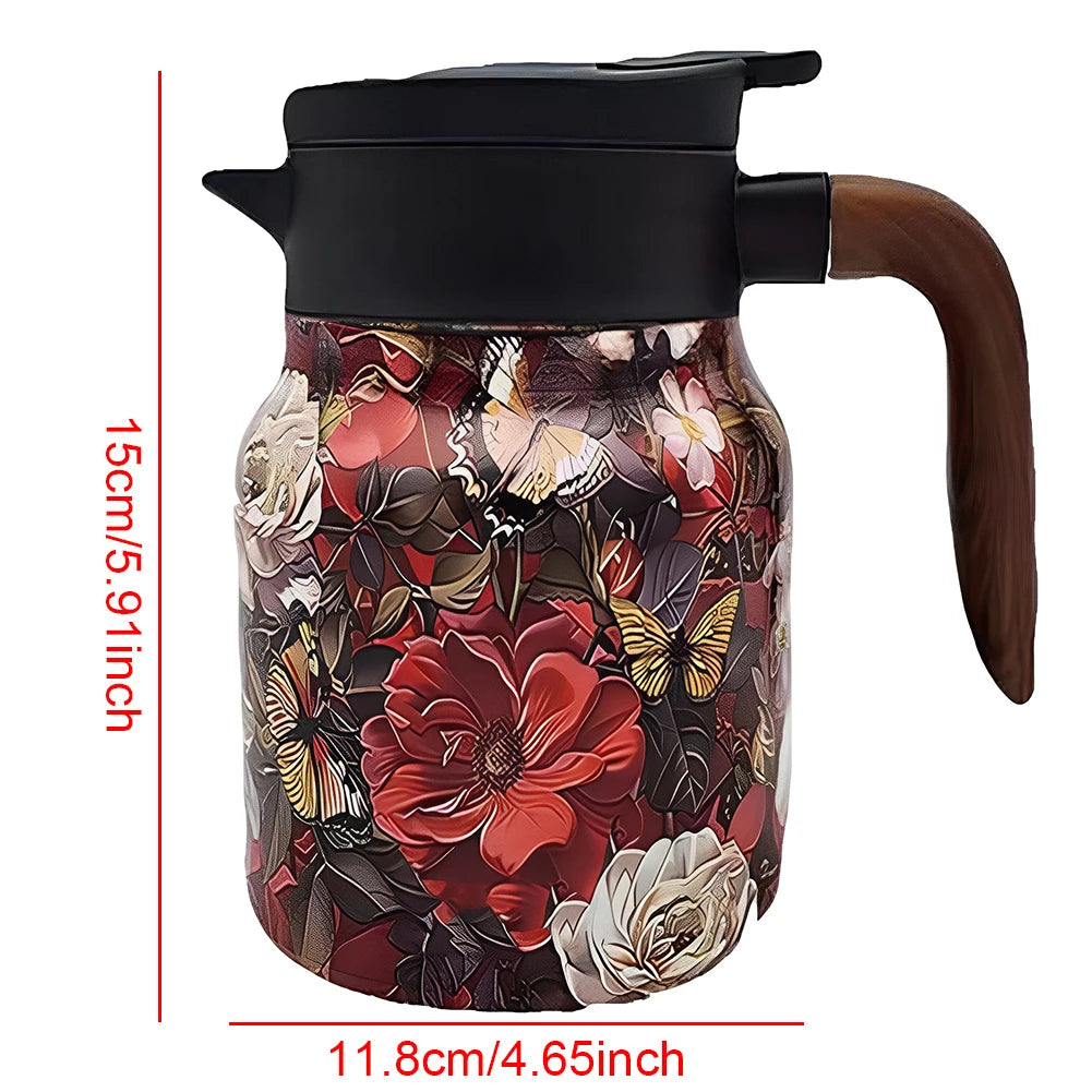 Vintage Floral Tea Thermos – 1000ml Stainless Steel Kettle with Built-In Infuser