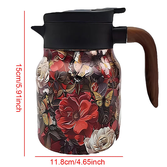 Vintage Floral Tea Thermos – 1000ml Stainless Steel Kettle with Built-In Infuser