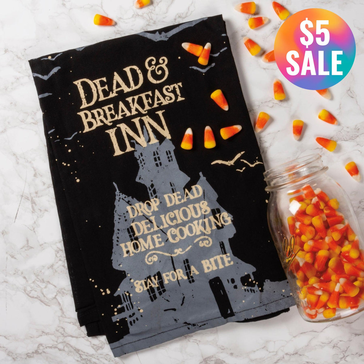 Dead And Breakfast Inn Halloween Dish Cloth Towel | Novelty Silly Tea Towels | Spooky Hilarious Kitchen Hand Towel | 28" x 28"