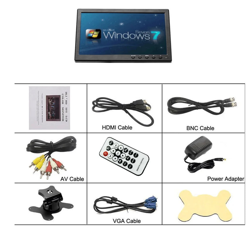 10.1" LCD HD Monitor Mini TV & Computer Display Color Screen 2 Channel Video Input Security Monitor with Speaker VGA