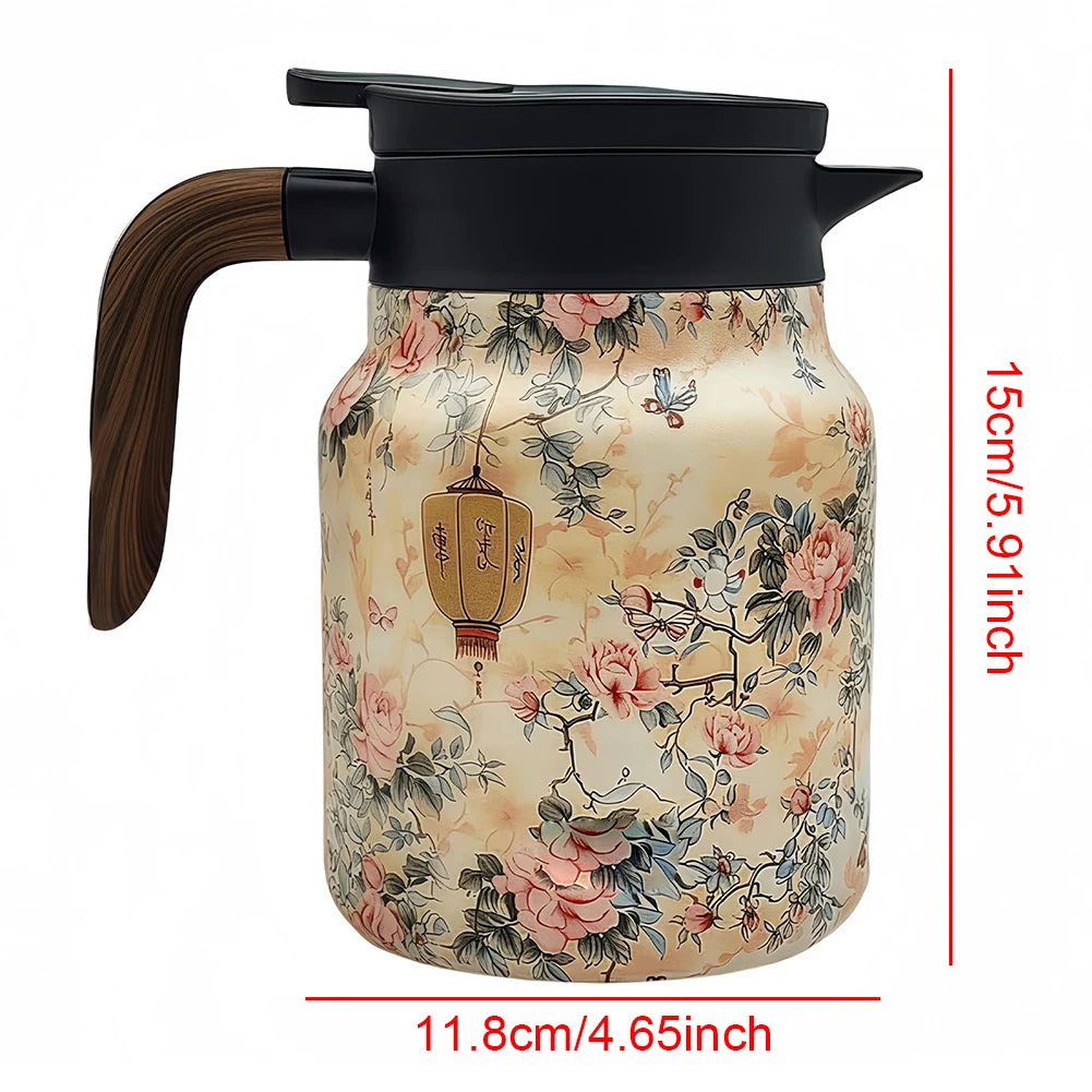 Vintage Floral Tea Thermos – 1000ml Stainless Steel Kettle with Built-In Infuser
